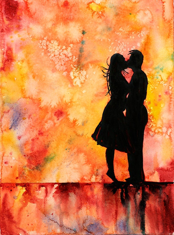 Watercolor painting of silhouette of couple kissing.  Valentines Day artwork.  Vday gift.  Romantic artwork