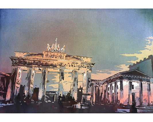 Puerta de Brandeburgo al atardecer en Berlín- Alemania, Europa, pintura Puerta de Brandeburgo Berlín bellas artes impresión acuarela giclee Berlín decoración del hogar (impresión)