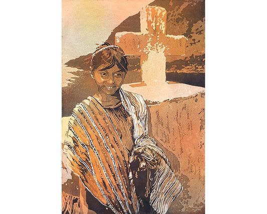 Lake Atitlan- Guatemala.  Girl in front of cross painting.  Watercolor painting Lake Atitlan Guatemala art watercolor painting girl (print)