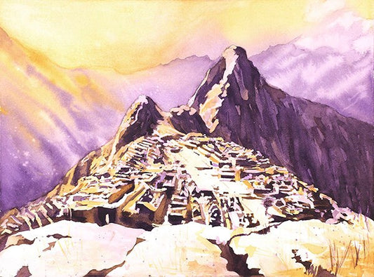 A tranquil view of Machu Picchu from above, rendered in soft watercolor tones—this Sacred Valley Peru painting makes a meaningful travel gift for him or her.