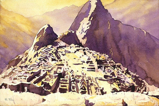 Watercolor painting of Huayna Picchu rising above Incan ruins of Machu Picchu- Sacred Valley, Peru.