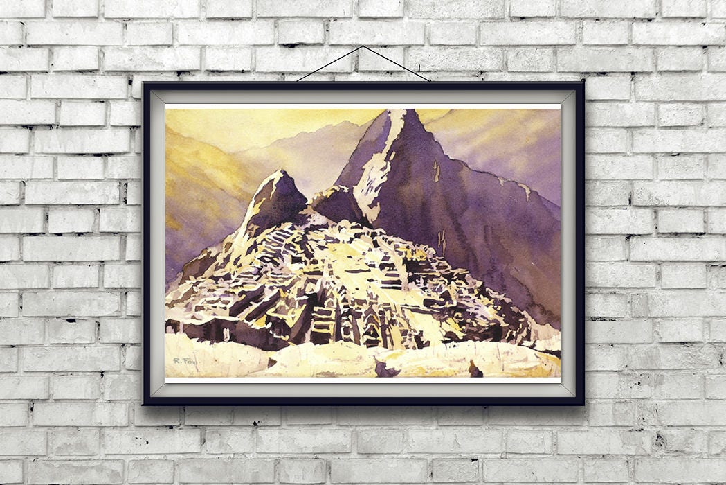 Machu Picchu art.  Fine art watercolor painting from Hut of the Caretaker of the ruined Incan city of Machu Picchu- Sacred Valley, Peru (print)