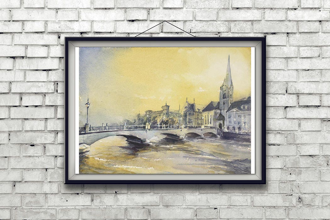 Medieval city of Zurich, Switzerland at dusk.  Watercolor Zurich Switzerland wall art print for house painting cityscape (print)