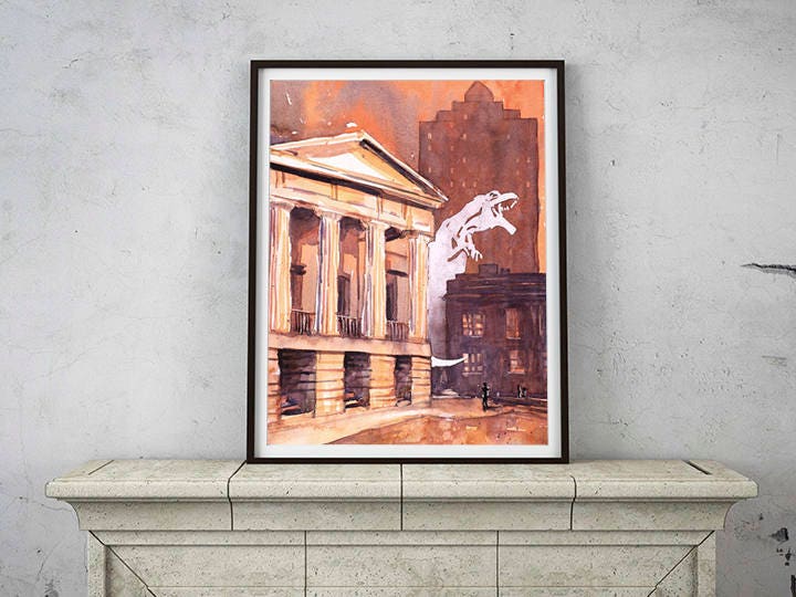 Raleigh Capitol in downtown Raleigh, North Carolina attacked by monster, Raleigh wall art, dinosaur painting fine art print Raleigh Capitol