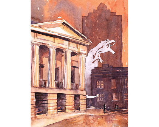 Raleigh Capitol in downtown Raleigh, North Carolina attacked by monster, Raleigh wall art, dinosaur painting fine art print Raleigh Capitol