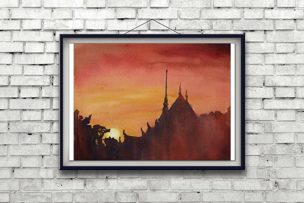 Painting of Buddhist wat at sunset in Thailand, watercolor painting Wat, watercolor painting, colorful watercolor Thailand (print)