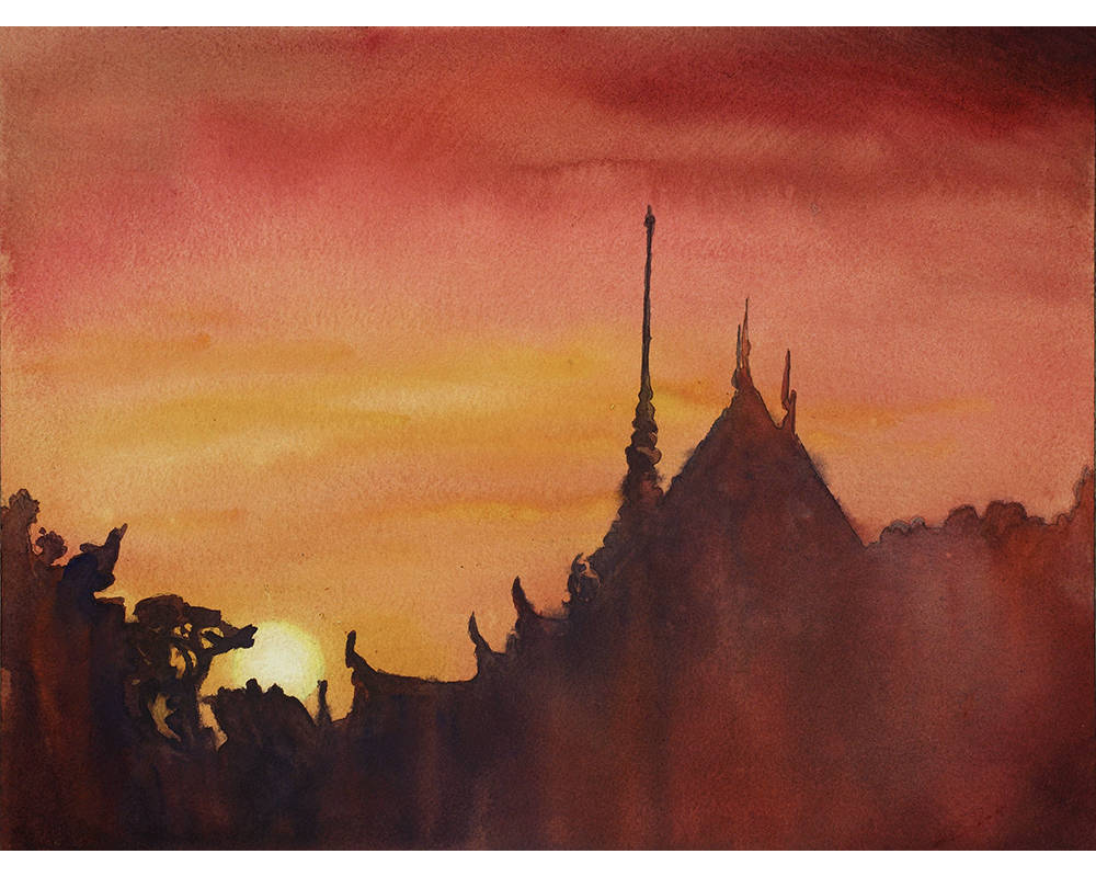 Painting of Buddhist wat at sunset in Thailand, watercolor painting Wat, watercolor painting, colorful watercolor Thailand (print)