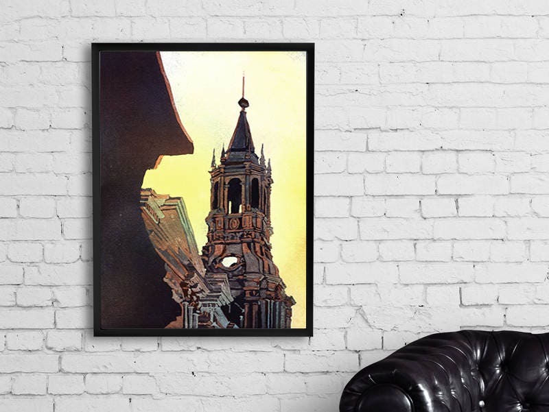 Cathedral on the Plaza de Armas in Arequipa, Peru.  Watercolor Peru painting church art colorful watercolor painting home decor (print)
