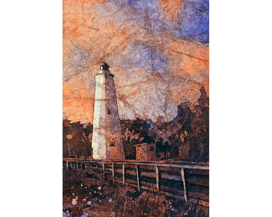 Ocracoke Island lighthouse at sunset in the Outer Banks (OBX) of North Carolina- USA.  Watercolor batik lighthouse fine art Outer Banks NC (print)