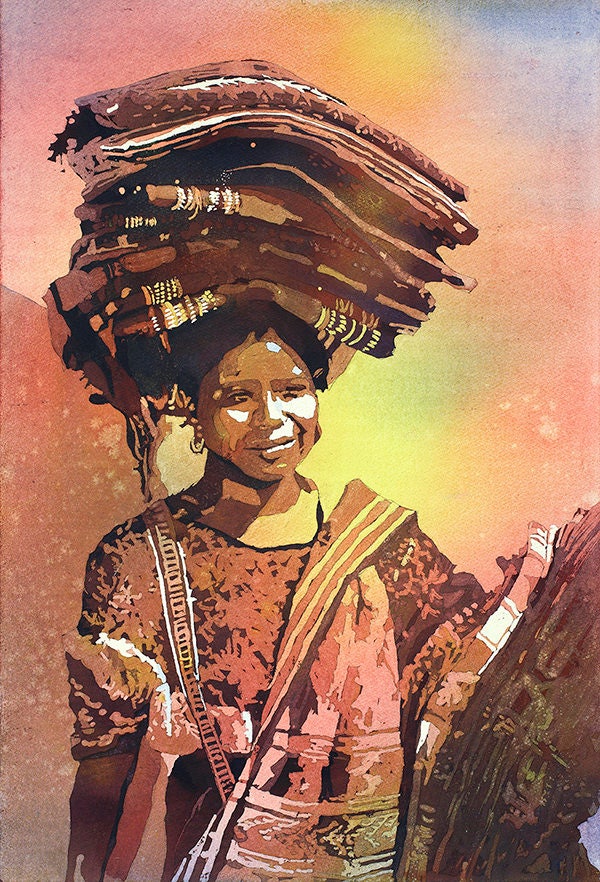 Woman in Antigua- Guatemala.  Colorful watercolor print woman Guatemala art for house colorful giclee woman smiling artwork Guatemala art