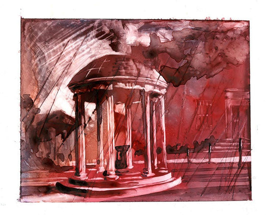 Watercolor painting of well on UNC campus- Chapel Hill, North Carolina (USA).  Original painting. UNC art old well painting university