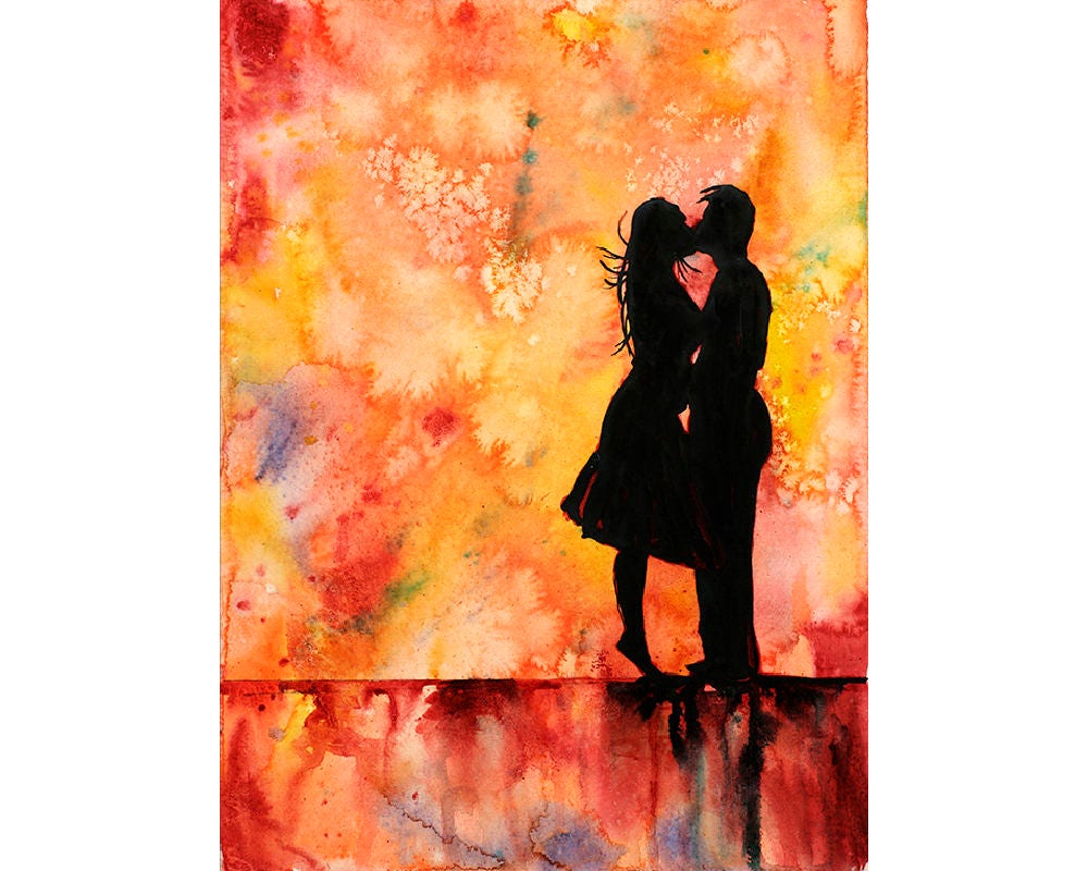 Silhouette of couple kissing, Valentines art, Romantic art, Romance artwork watercolor painting fine art print lovers artwork Valentines