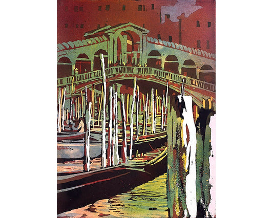 Venice- Rialto Bridge & gondolas in medieval city of Venice, Italy.  Watercolor painting of Venice art painting of Rialto Bridge in Venice (print)