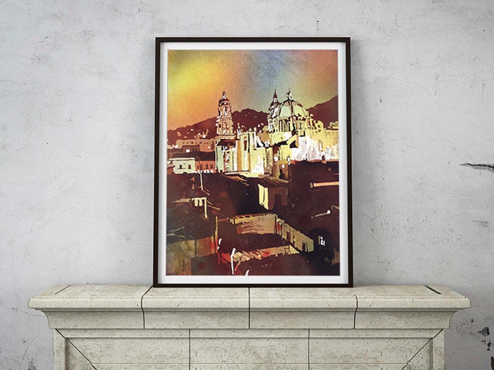 Cathedral in Zacatecas, Mexico at sunset.  Original watercolor painting. Mexico church art print giclee home decor painting art watercolor