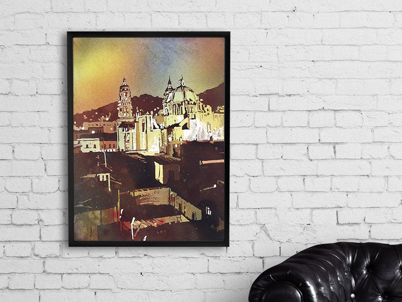 Cathedral in Zacatecas, Mexico at sunset, watercolor painting Mexico church art print giclee home decor painting art watercolor (print)