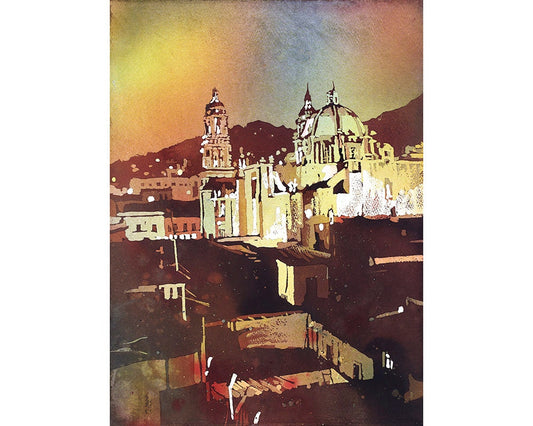 Catedral de Zacatecas, México al atardecer. Pintura de acuarela original. México iglesia arte impresión giclee decoración del hogar pintura arte acuarela