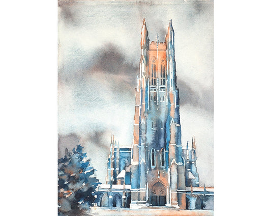 Fine art watercolor of Duke University’s Duke Chapel, a timeless piece of graduation gift artwork that celebrates academic achievement and school pride.