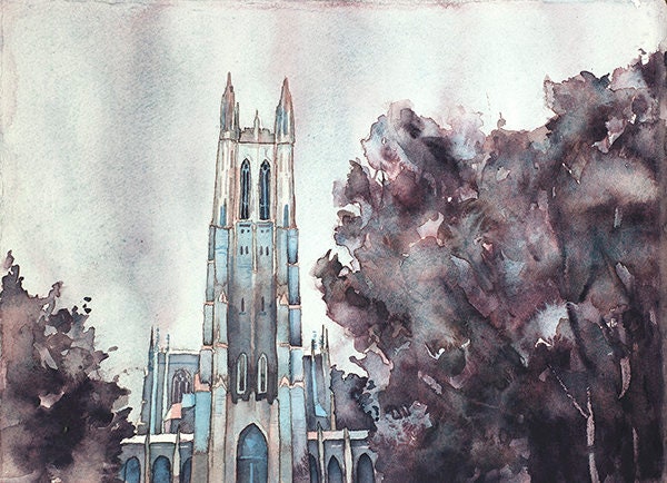 Duke Chapel on the Duke University campus- Durham, North Carolina (USA). Duke Chapel art. Duke University watercolor painting fine art (print)