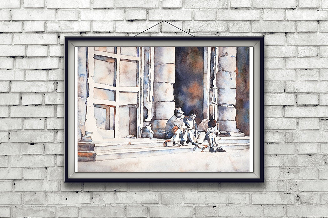 Church in the colonial city of Morelia, Mexico.  Original watercolor painting Morelia.  Mexico artwork men fine art painting