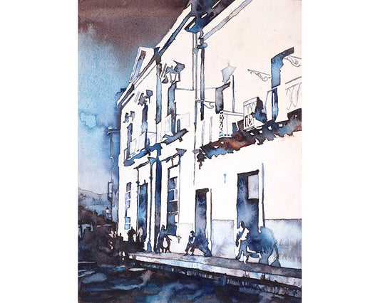 Guanajuato- Mexico fine art watercolor painting.   Guanajuato art watercolor, street scene fine art blue watercolor home decor Mexico art (print)