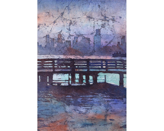 Seattle skyline at dusk.  Watercolor batik painting of Seattle skyline watercolor painting art batiklandscape painting Seattle (original)