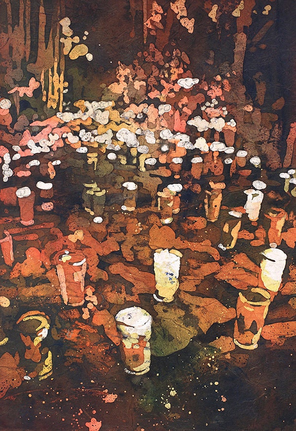 Day of the Dead watercolor painting in Patzcuaro, Mexico.  Watercolor batik painting of candles in graveyard in Patzcuaro, Day of the Dead (print)