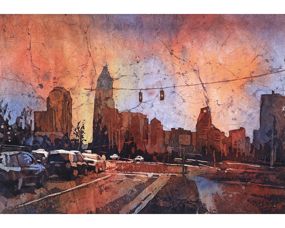 Charlotte, NC skyline at sunset- North Carolina (USA).  Charlotte skyline watercolor batik fine art print giclee art watercolor (print)