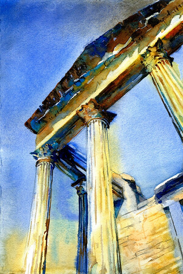 Roman temple at the ruins of Dougga in Tunisia- Africa, Roman ruins, Tunisia watercolor painting, fine art print Roman temple ruins art