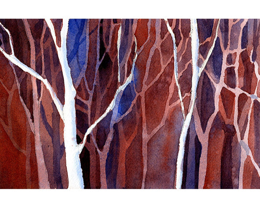Watercolor painting of trees in forest.  Landscape painting of trees in forest.  Forest art watercolor art painting (print)