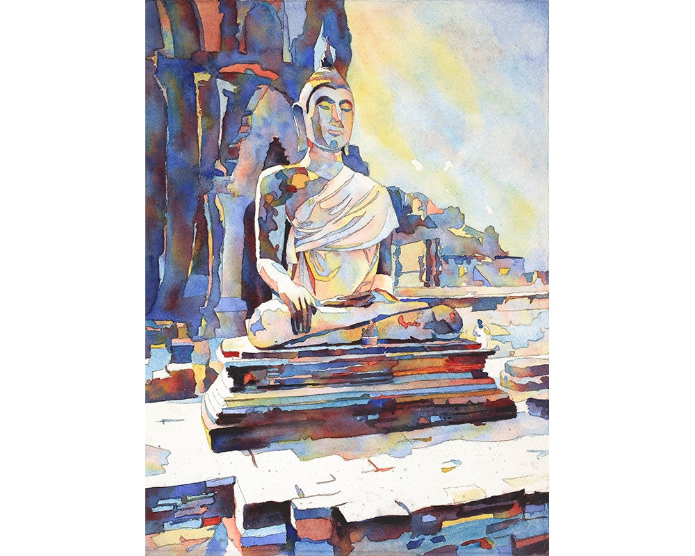 Seated Buddha at Sukothai archaeological ruins- Sukothai, Thailand.  Thailand art Seated Buddha watercolor painting (original) artwork