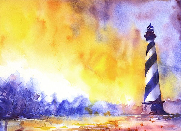 Faro de Cabo Hatteras - Outer Banks, Carolina del Norte. Faro de Cabo Hatteras pintura de bellas artes obras de arte del faro (impresión)