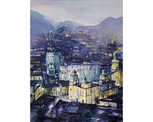 Peaceful and dramatic Guanajuato watercolor painting cityscape (print) featuring historic charm and nighttime ambiance—great for travel lovers and artful homes.