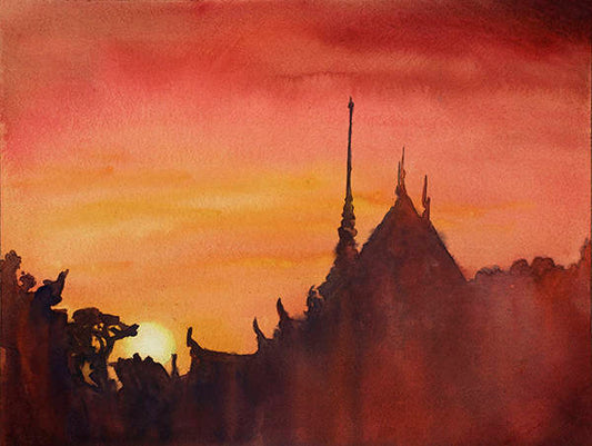 Painting of Buddhist wat at sunset in Thailand, watercolor painting Wat, watercolor painting, colorful watercolor Thailand (print)