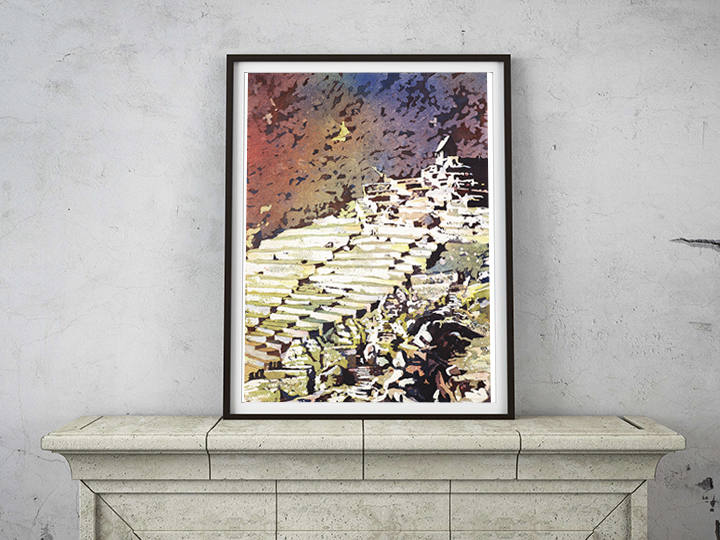 Machu Picchu ruins- Sacred Valley, Peru.  Fine art colorful watercolor painting of Incan ruins of Machu Picchu, Peru art colorful watercolor (print)