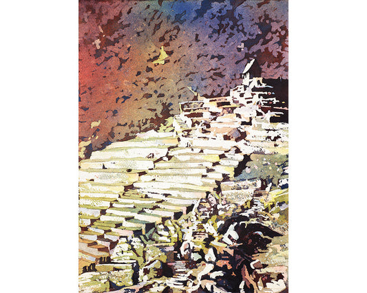 This Sacred Valley Peru watercolor painting highlights the breathtaking view from the Hut of the Caretaker at Machu Picchu—perfect for travel lovers and cultural home decor.