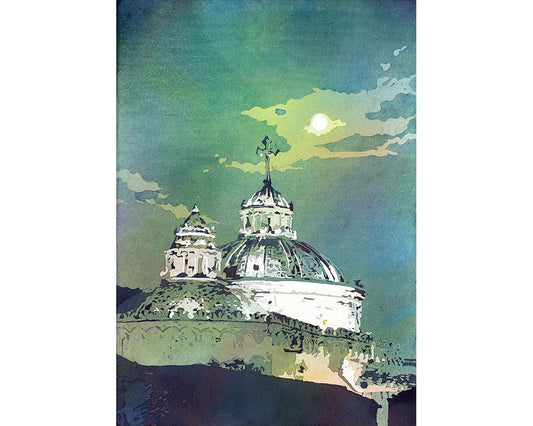 Quito Ecuador church, Ecuador at sunset.  Colorful watercolor print wall art, green painting, fine art giclee watercolor green artwork Quito