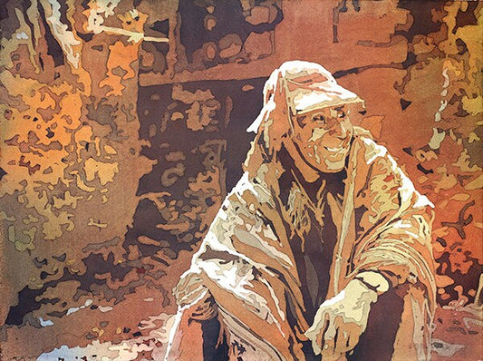 Watercolor painting of Quechua man in traditional garb in the Sacred Vallley, Peru.