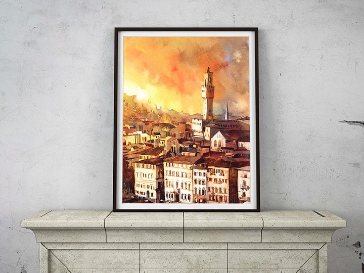 Florence, Italy, fine art print Italy, watercolor Florence art painting giclee Watercolor painting of church bell-tower at sunset Florence (print)