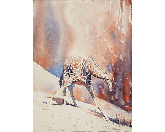 Giraffe painting with swirling patterns and a vivid color palette—great wall art for travel enthusiasts and imaginative children’s spaces.