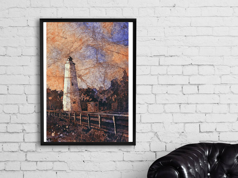 Ocracoke Island lighthouse at sunset in the Outer Banks (OBX) of North Carolina- USA.  Watercolor batik lighthouse fine art Outer Banks NC (print)