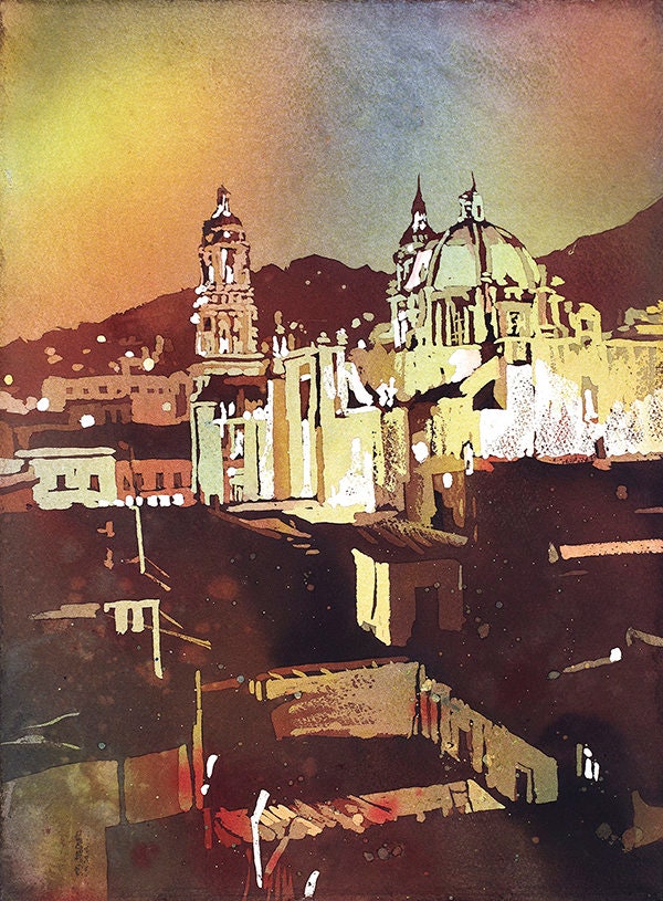 Cathedral in Zacatecas, Mexico at sunset.  Original watercolor painting. Mexico church art print giclee home decor painting art watercolor