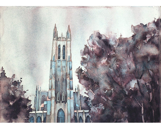 A fine art watercolor painting of Duke Chapel at Duke University in North Carolina, printed as a high-quality giclee—great for graduation gifts and elegant home decor.