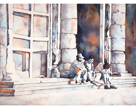 Watercolor painting of a historic church in the colonial city of Morelia, Mexico, with soft shadows and pink-hued architecture—ideal colorful street scene fine art for home decor.