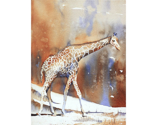 Watercolor art of a giraffe against a textured, colorful background—great for vibrant kids room decor and creative home settings.