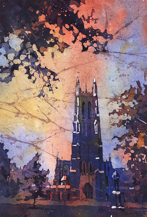 Duke Chapel on the Duke University campus- Durham, North Carolina (USA).  Batik painting Duke University art print watercolor painting Duke (print)