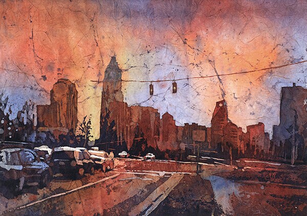 Charlotte, NC skyline at sunset- North Carolina (USA).  Charlotte skyline watercolor batik fine art print giclee art watercolor (print)