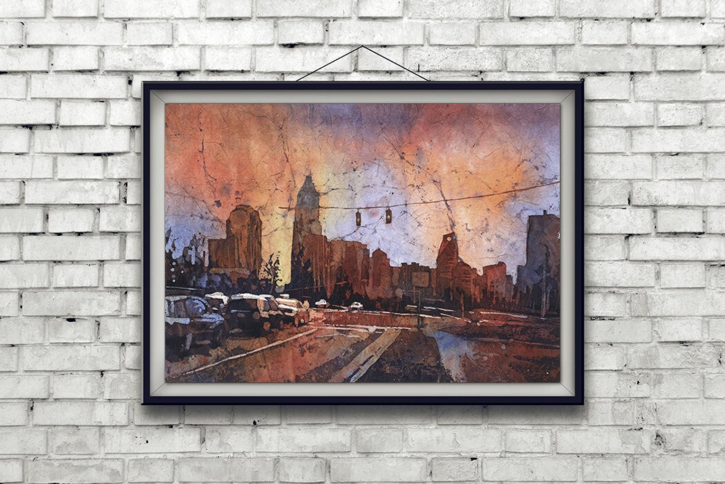 Charlotte, NC skyline at sunset- North Carolina (USA).  Charlotte skyline watercolor batik fine art print giclee art watercolor (print)