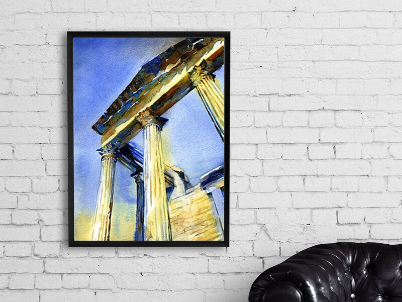 Roman temple at the ruins of Dougga in Tunisia- Africa, Roman ruins, Tunisia watercolor painting, fine art print Roman temple ruins art