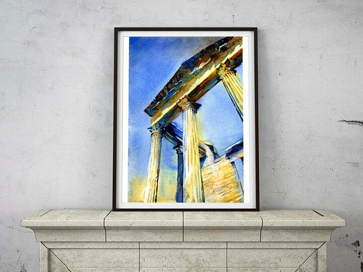 Roman temple at the ruins of Dougga in Tunisia- Africa, Roman ruins, Tunisia watercolor painting, fine art print Roman temple ruins art