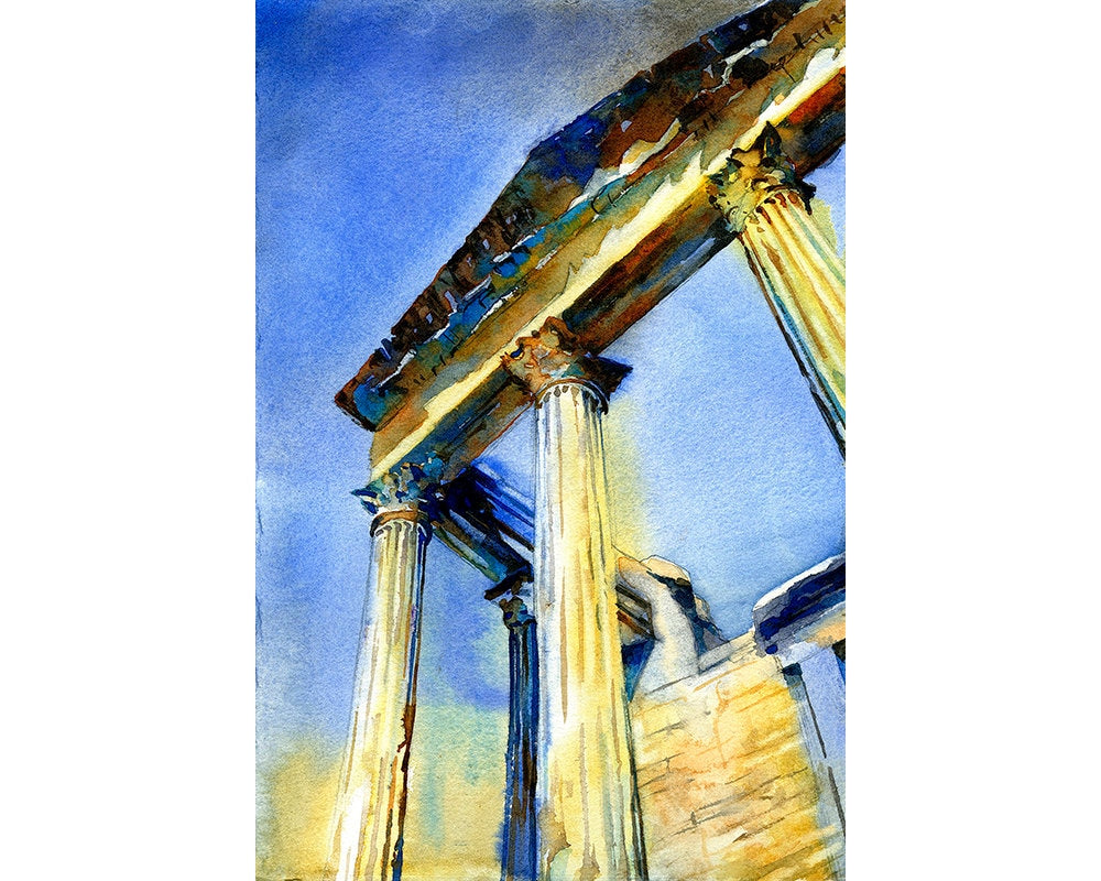 Roman temple at the ruins of Dougga in Tunisia- Africa, Roman ruins, Tunisia watercolor painting, fine art print Roman temple ruins art